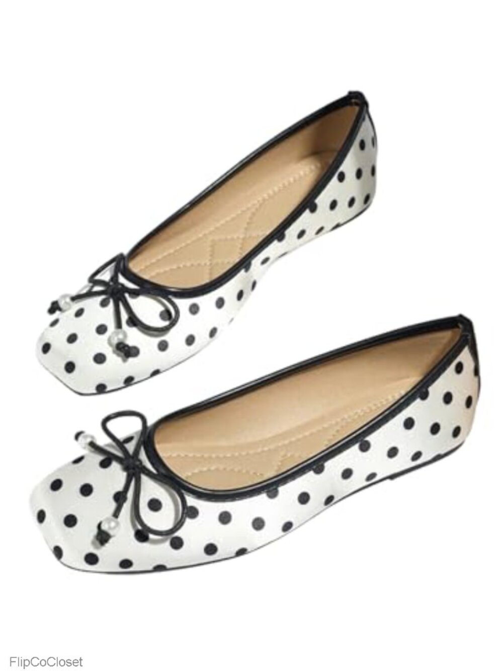 Women's Bow Knot Polka Dots Ballet Flats Faux Leather Square Toe Slip-On Shoes